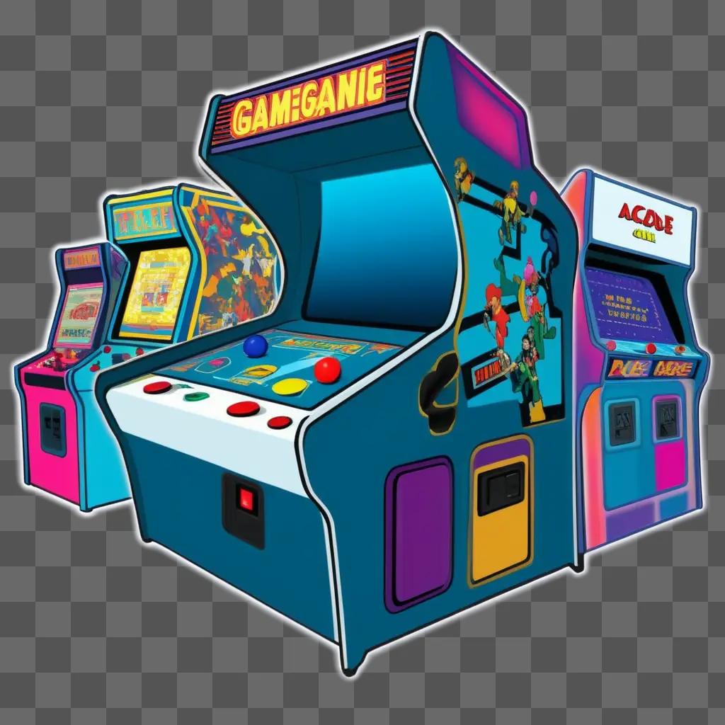 Gaming arcade machines with colorful lights and logos