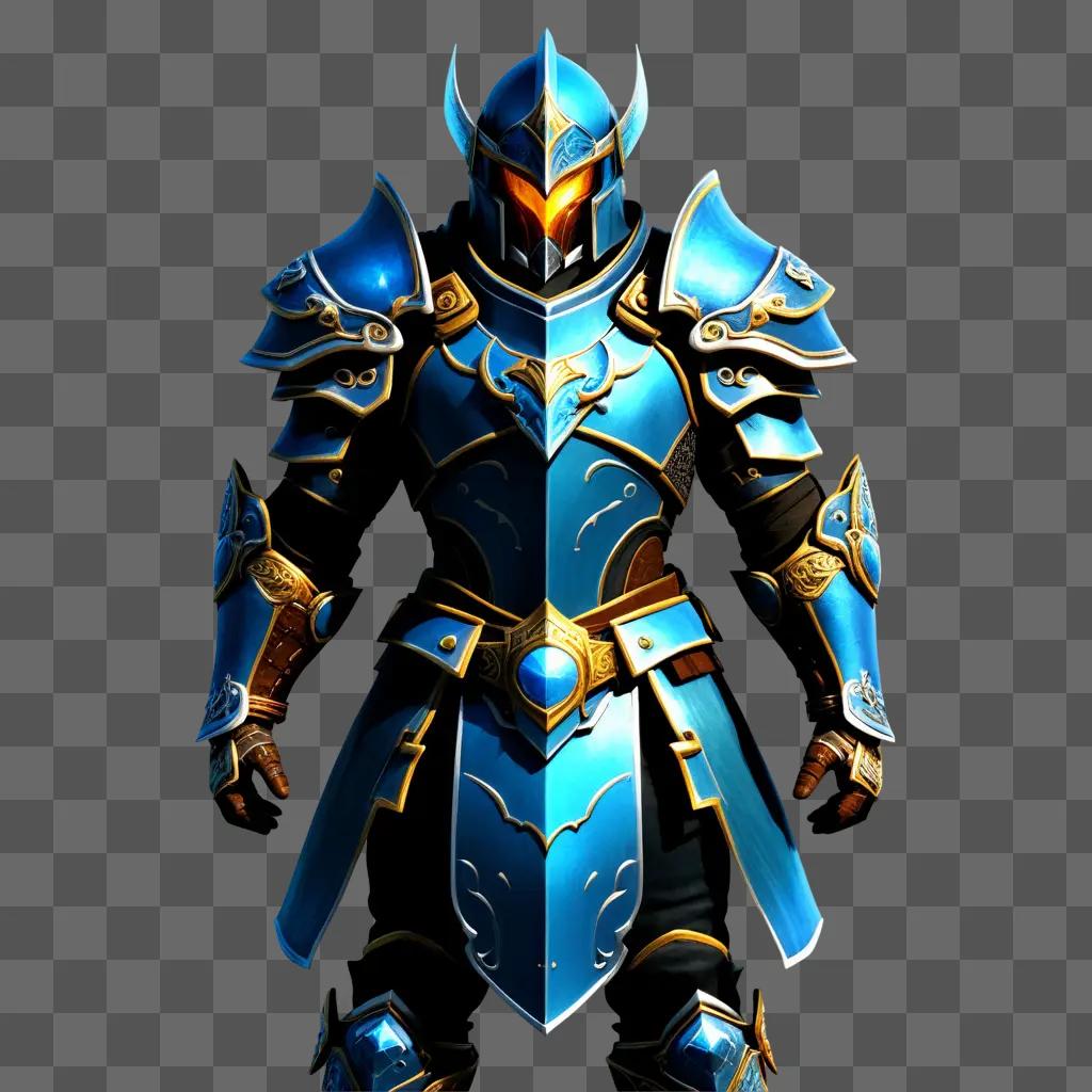 Gaming character with blue armor and yellow eyes