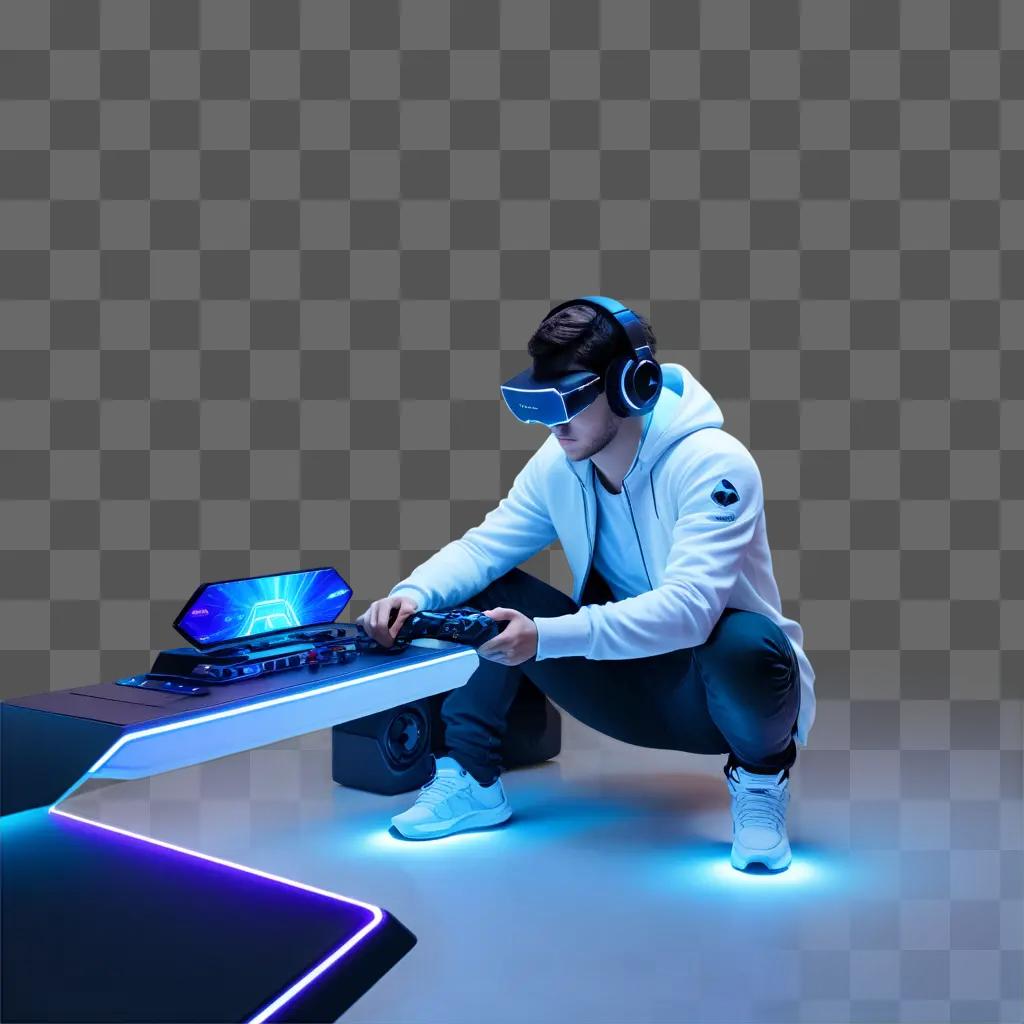 Gaming enthusiast in futuristic outfit with glowing feet