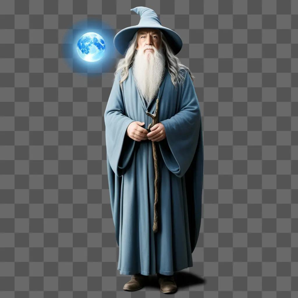 Gandalf stands with a wand and a moon behind him