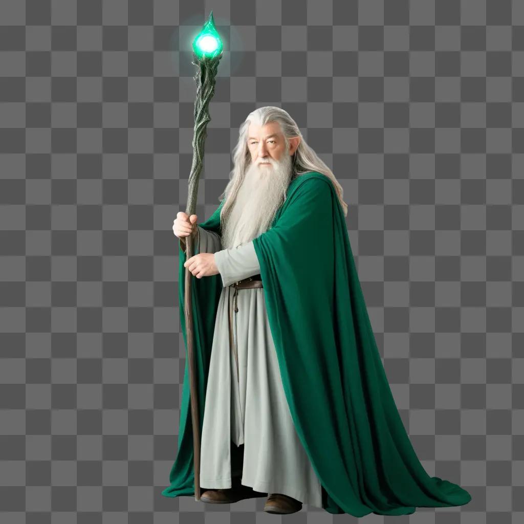 Gandalf stands with green glowing staff