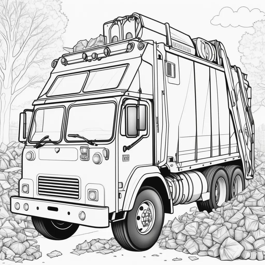 Garbage truck coloring page: a black and white illustration of a garbage truck