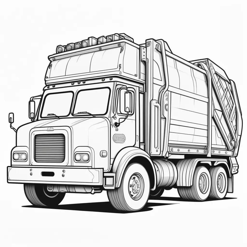 Garbage truck coloring page: black and white sketch of a truck