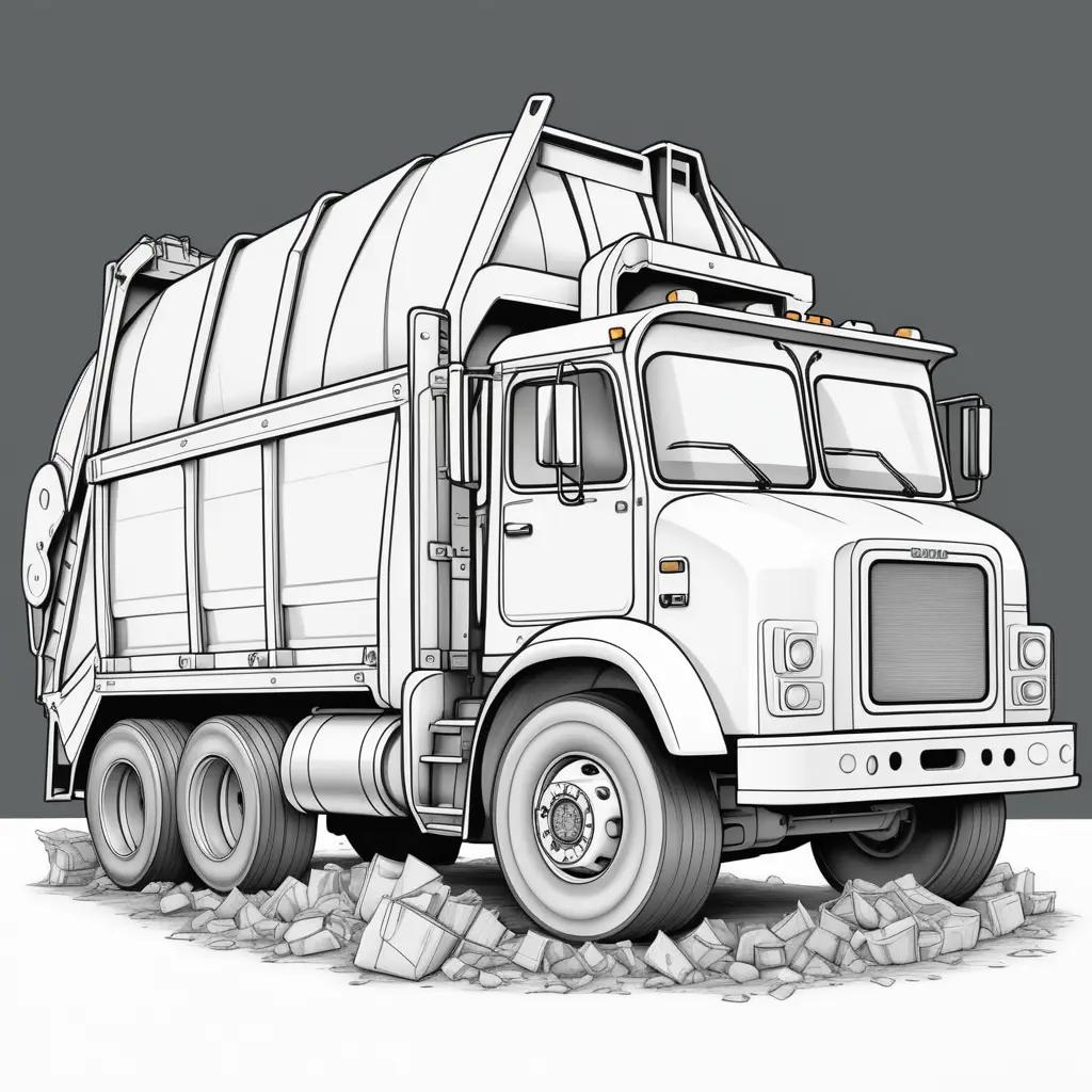 Garbage truck coloring page featuring a large garbage truck