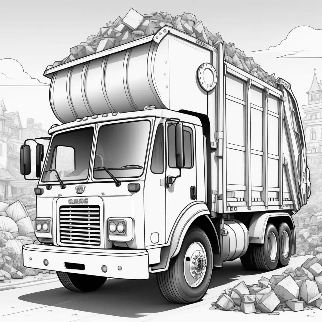 Garbage truck coloring pages: cartoon, black and white, urban