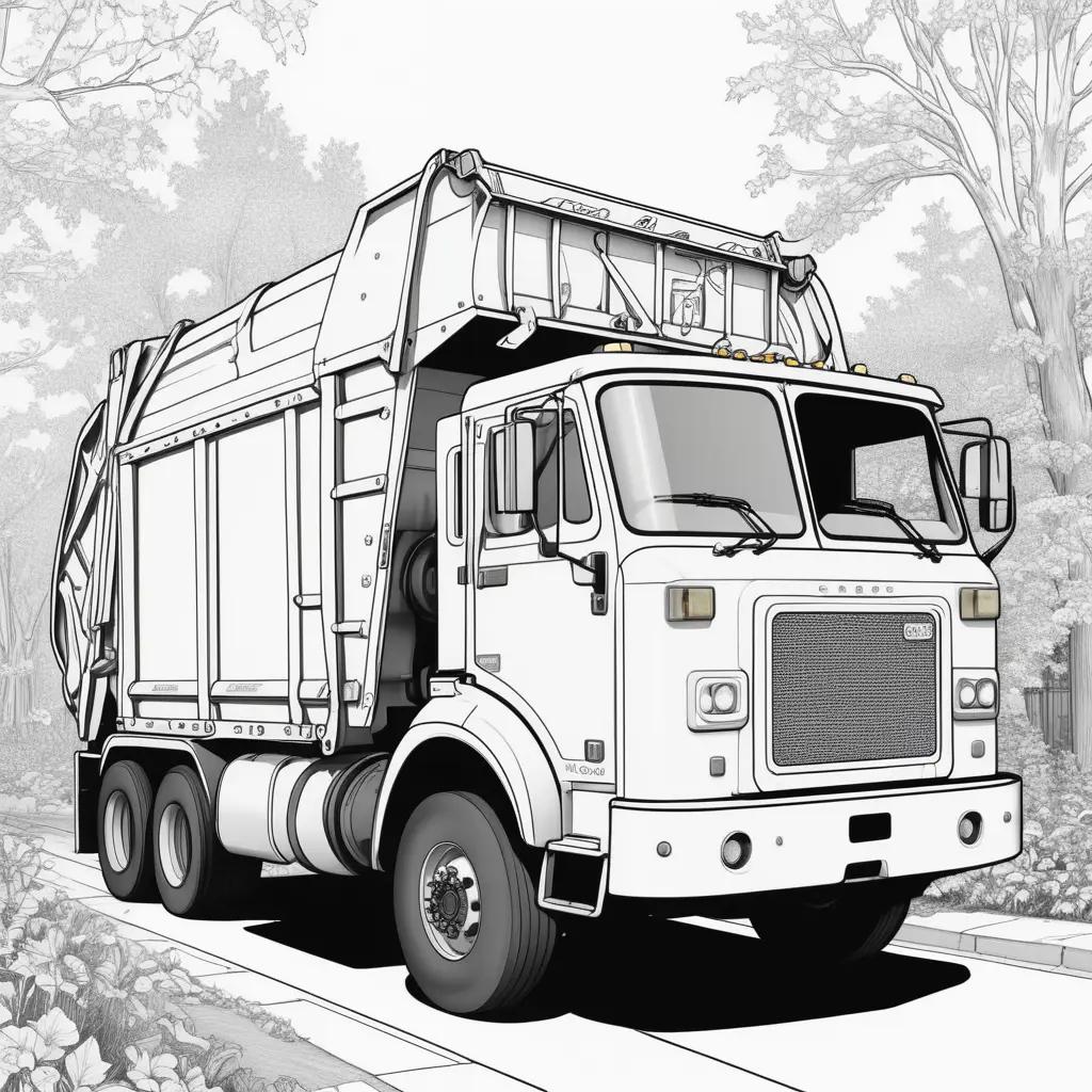 Garbage truck drawing in black and white