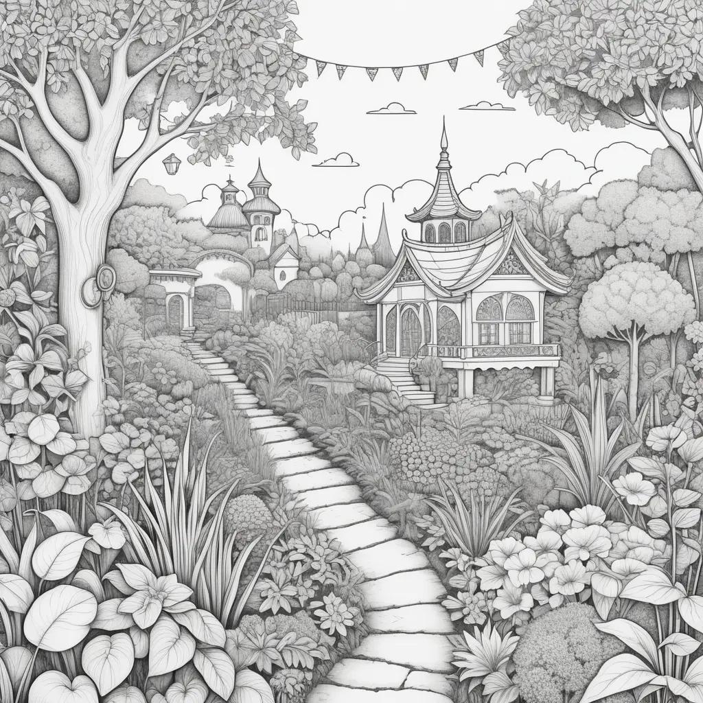 Garden of banban coloring page with a path and a building