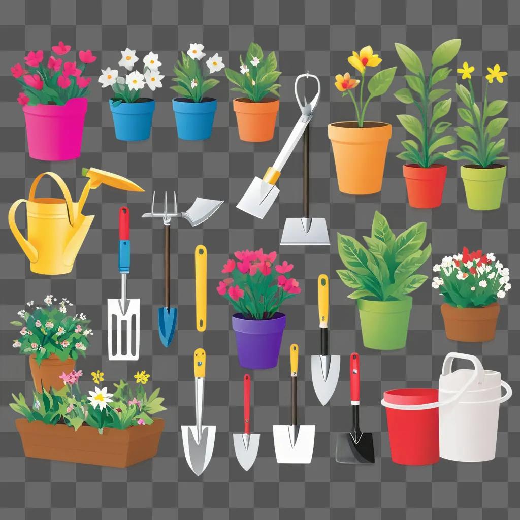 Gardening Clipart: A variety of gardening tools and plants