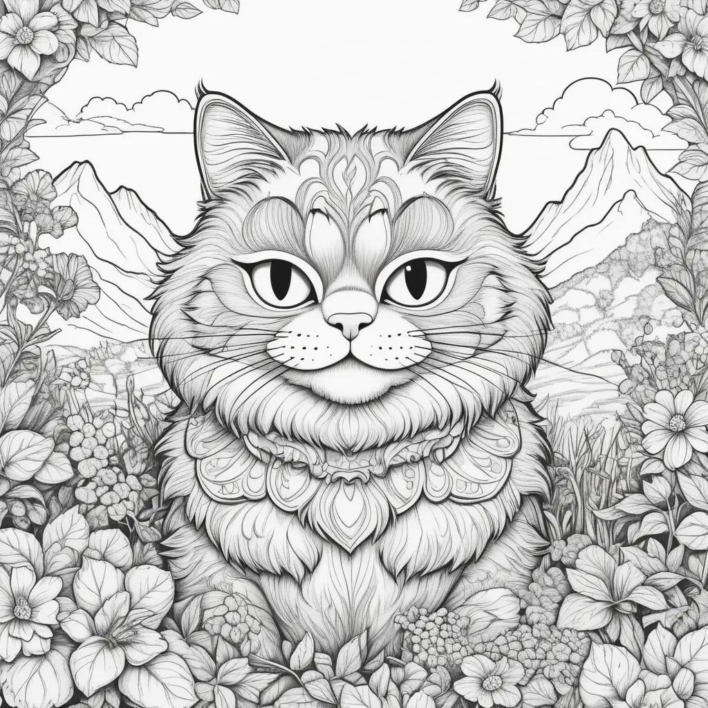 Garfield Coloring Pages: A Black and White Garfield in a Flower Garden