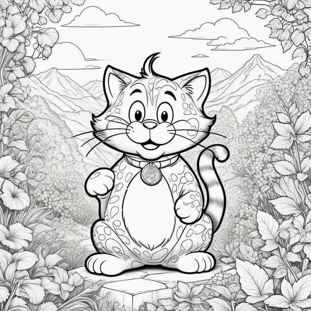 Garfield coloring pages featuring a cat in a forest setting