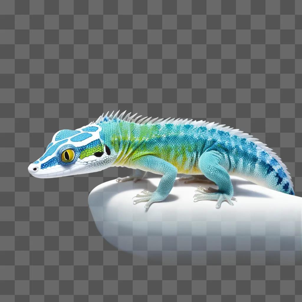 Gecko with blue and green colors on a white surface