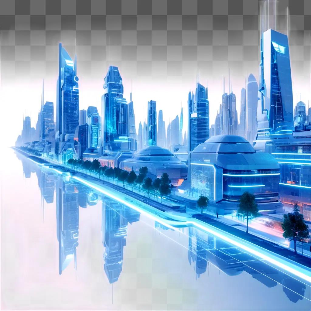 ジェネレーティブAIが生成した未来的な建物と青い空の街並み