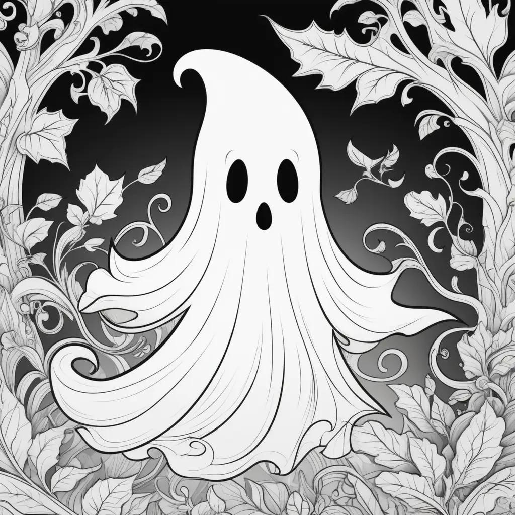 Ghoulish ghost coloring page with black and white illustrations