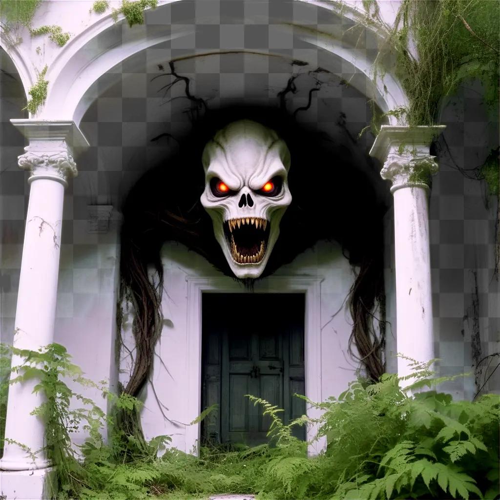 Ghoulish skull on a house facade