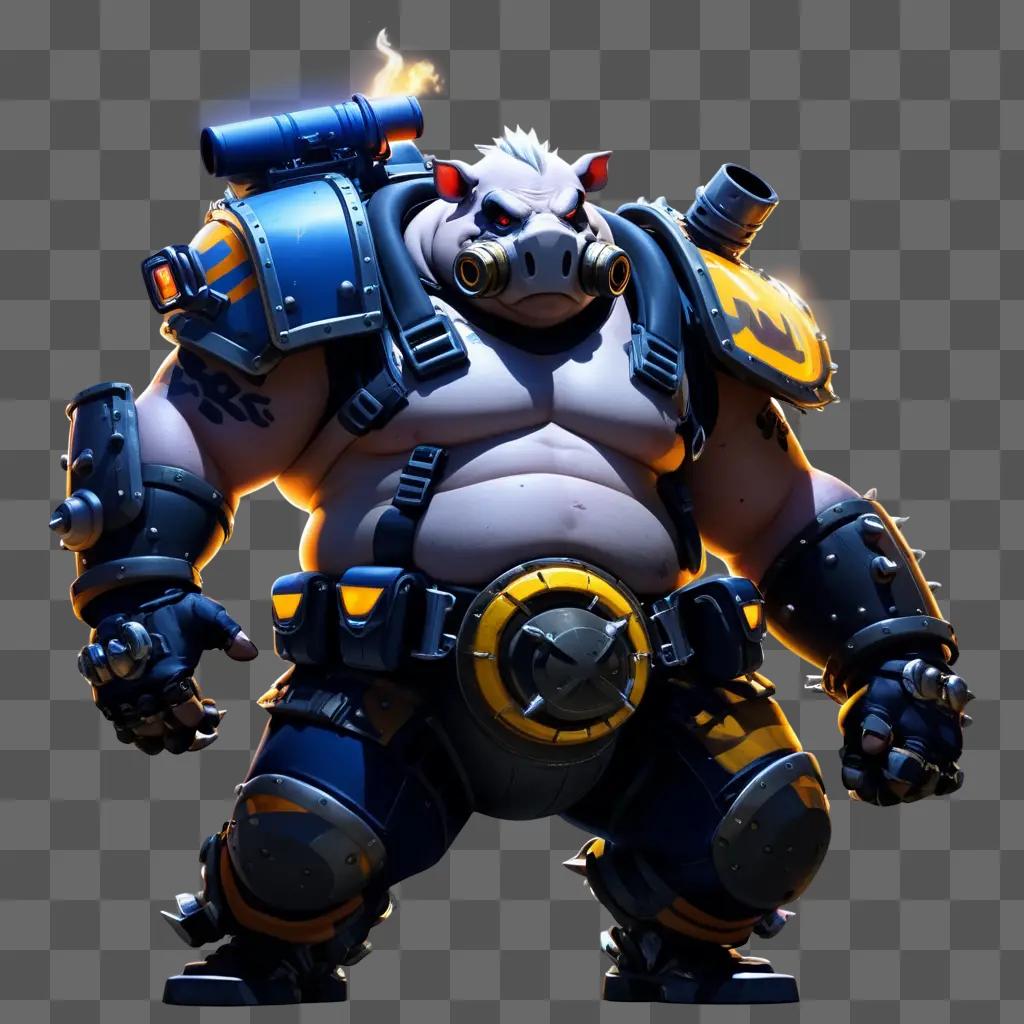 Giant Roadhog with blue and yellow armor and a weapon