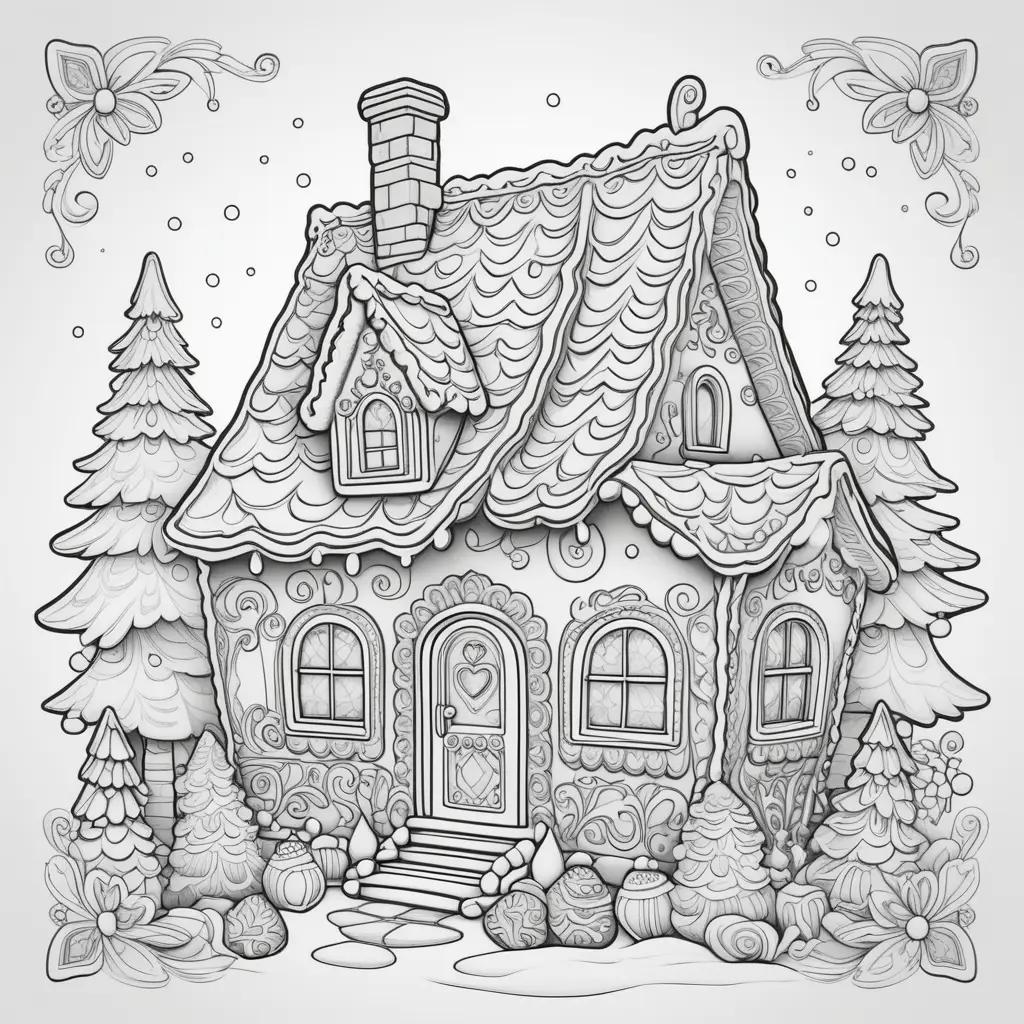 Gingerbread house coloring page with snow and trees