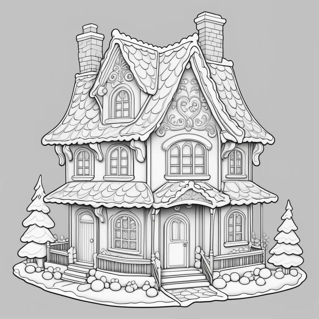 Gingerbread house coloring page with snow and trees