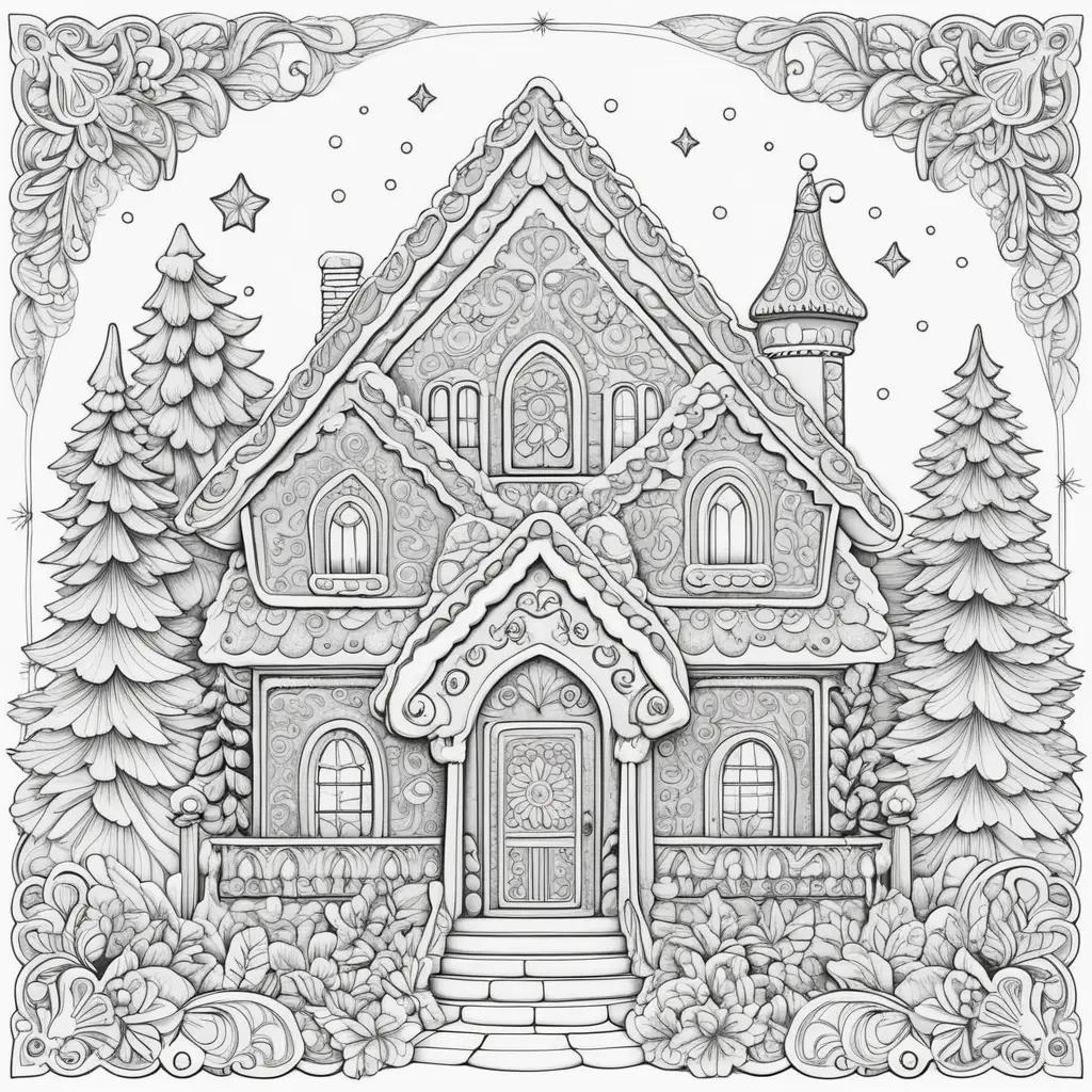 Gingerbread house coloring page with stars and trees