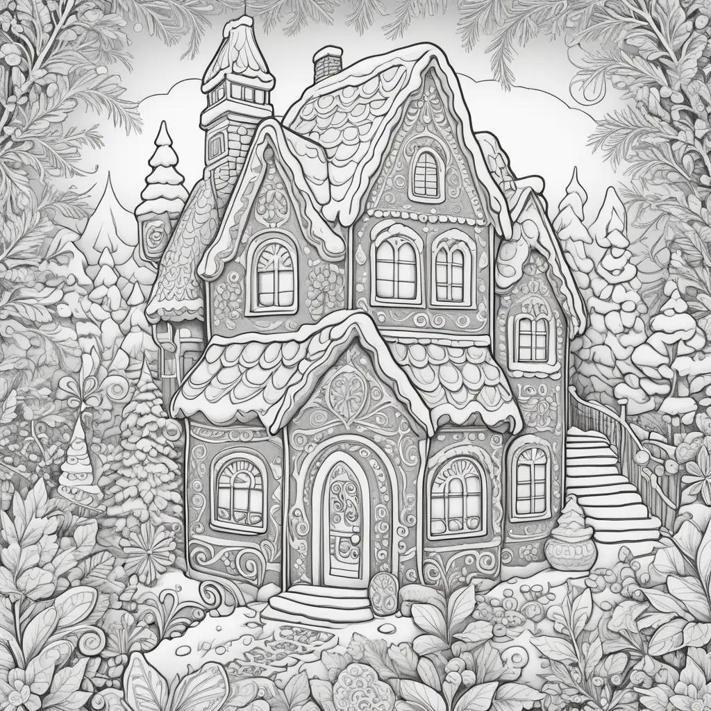 Gingerbread house coloring page with tree and sky