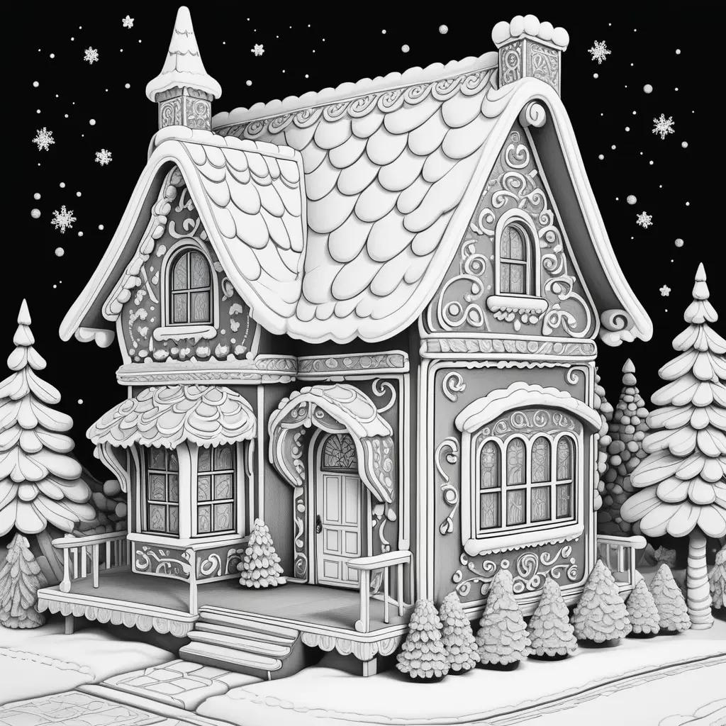 Gingerbread house coloring pages, snowy winter scene