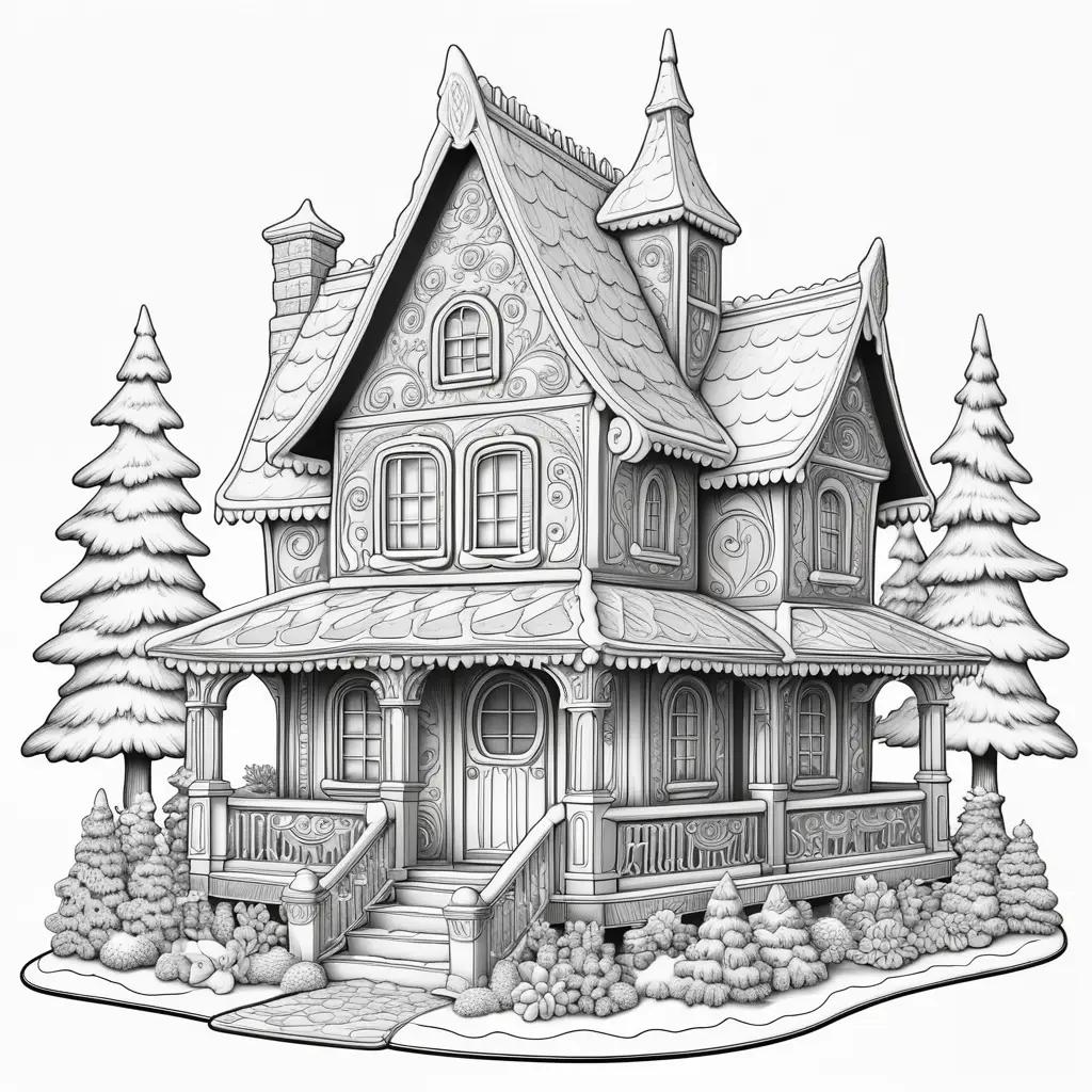 Gingerbread house coloring pages featuring a large house and surrounding trees