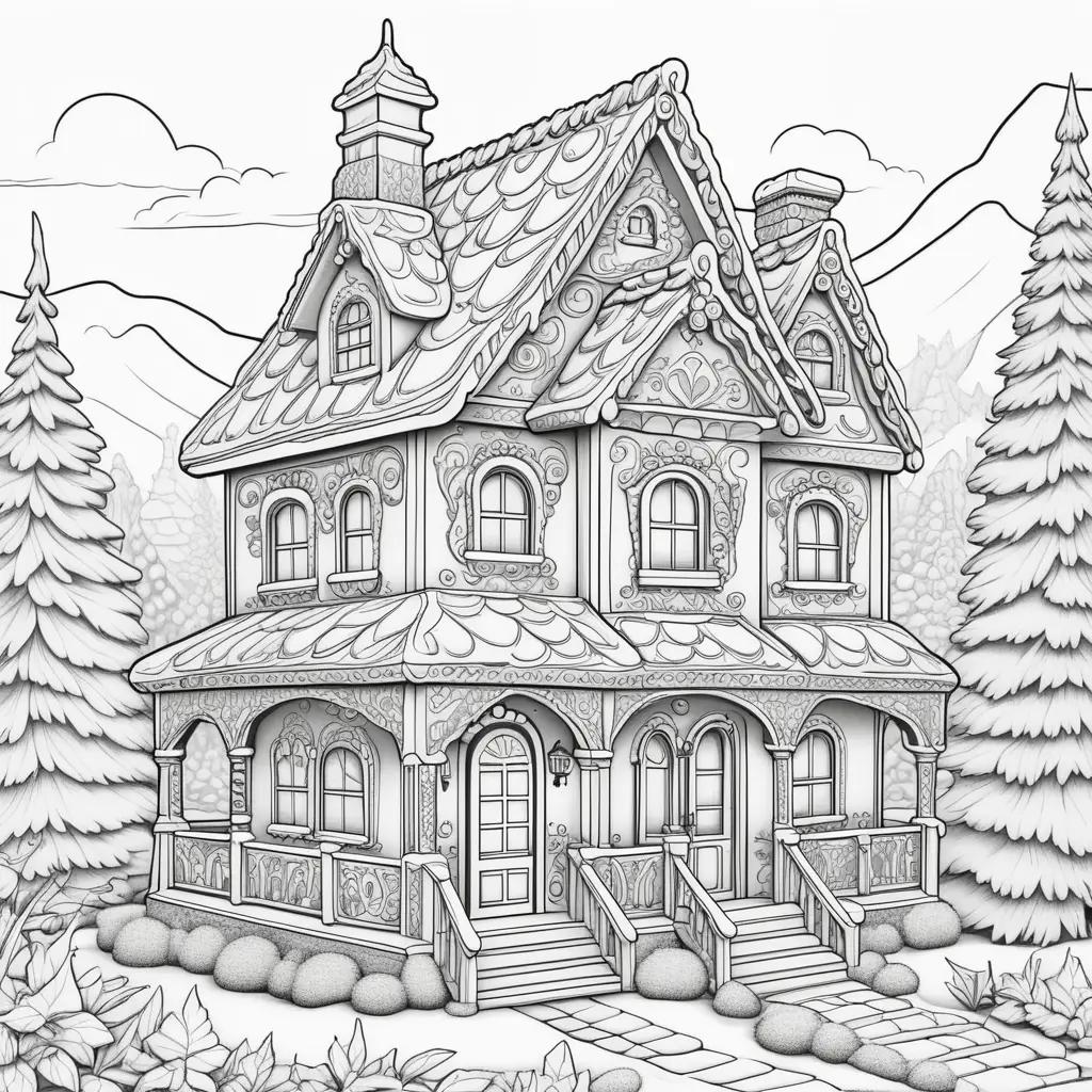 Gingerbread house coloring pages in black and white