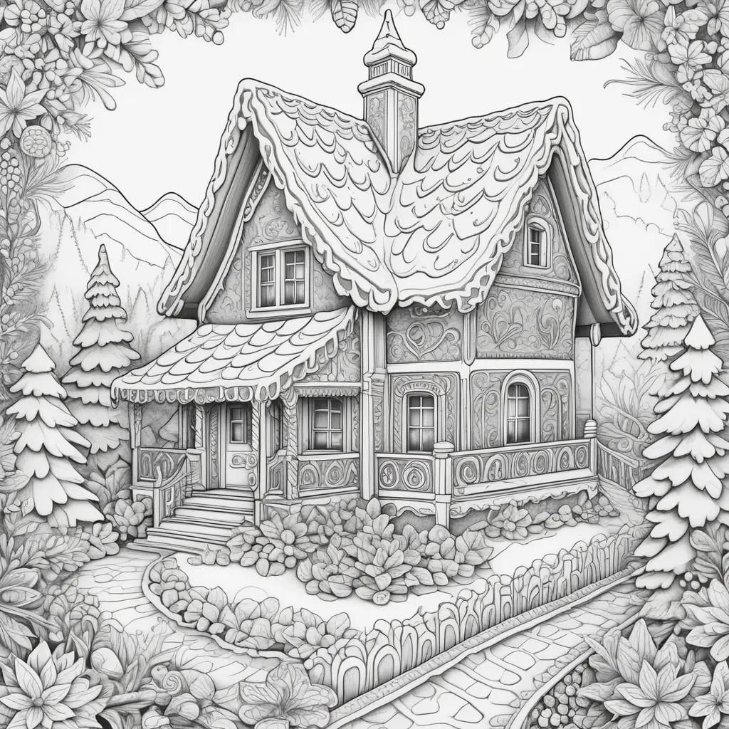 Gingerbread house coloring pages with a peaceful garden scene