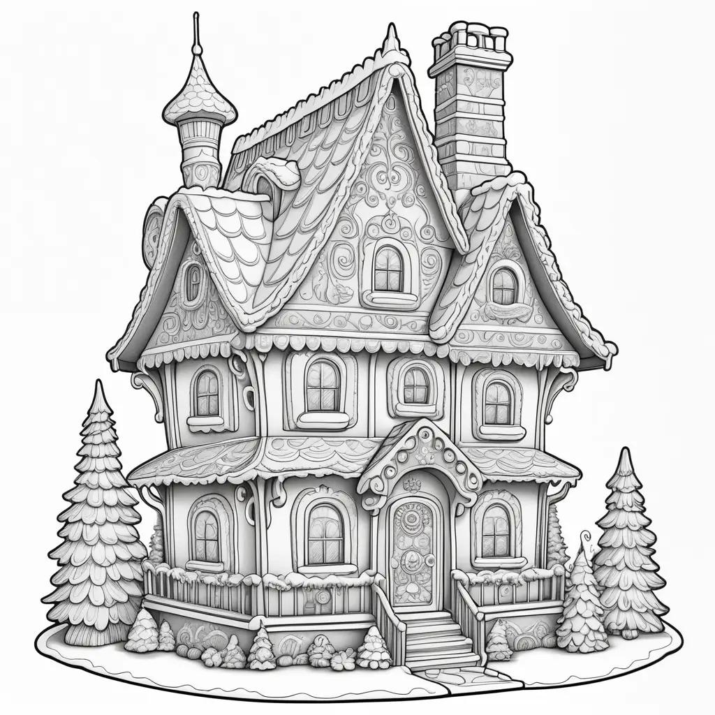 Gingerbread house coloring pages with a snowy landscape