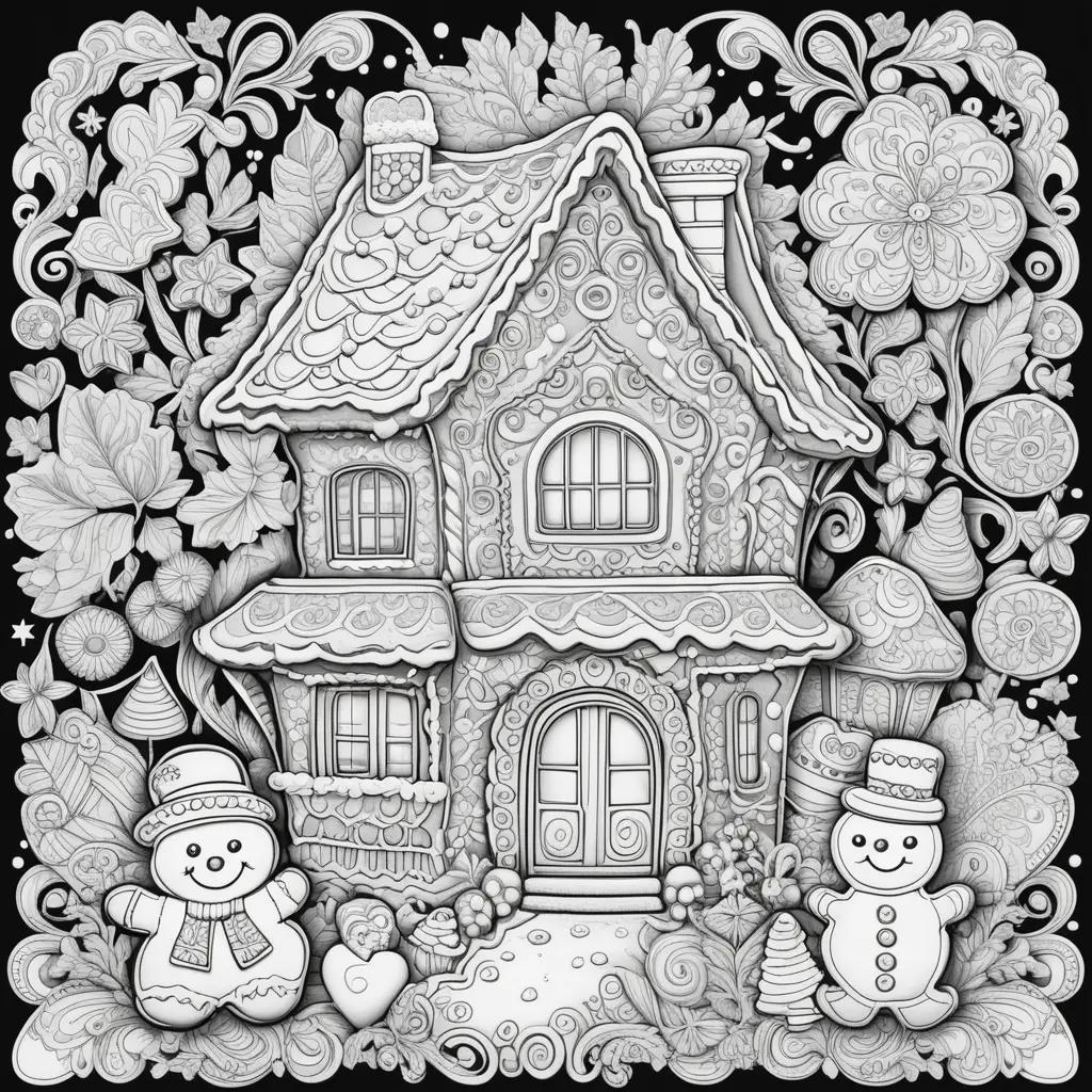 Gingerbread house coloring pages with snowmen and flowers