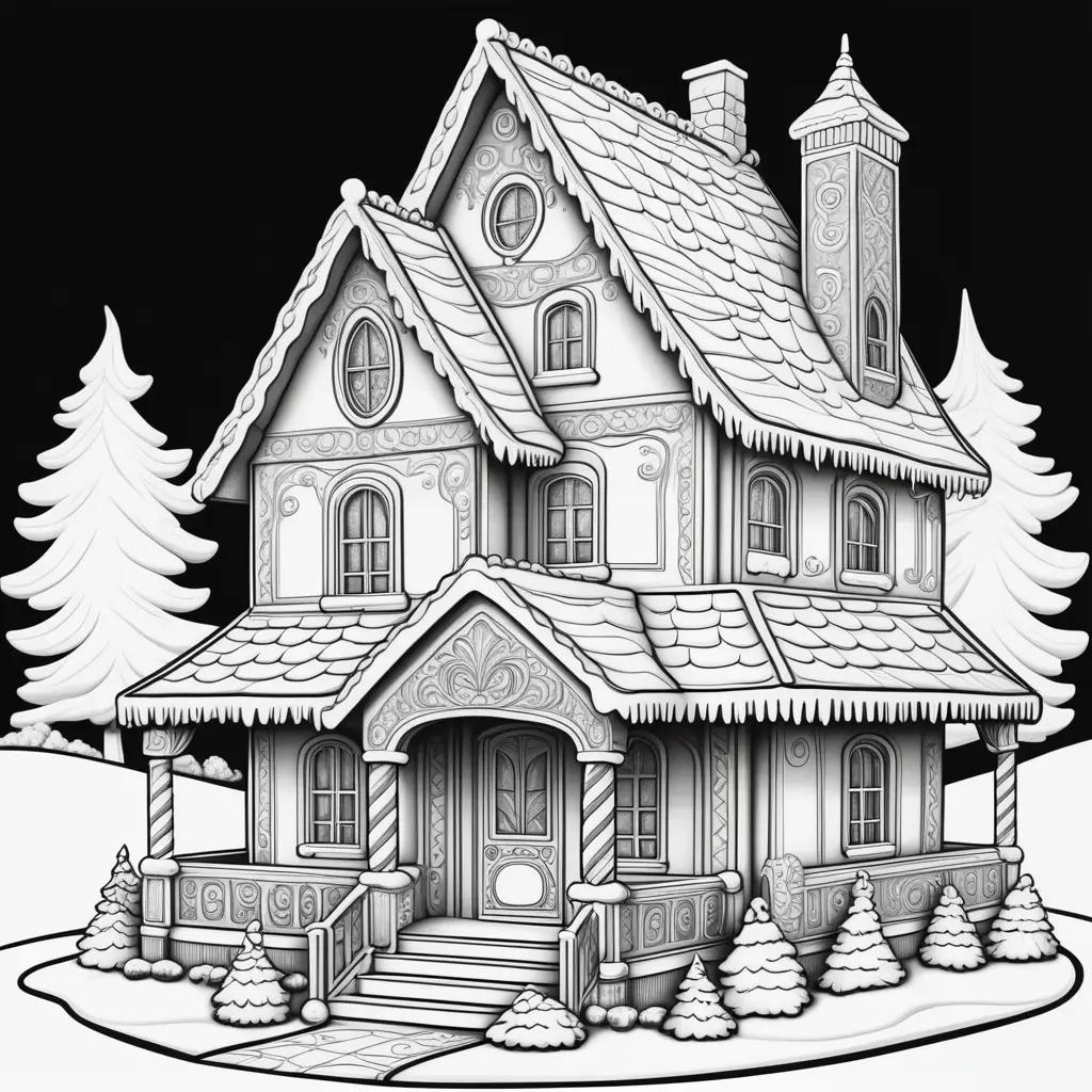 Gingerbread house coloring pages with trees and snow