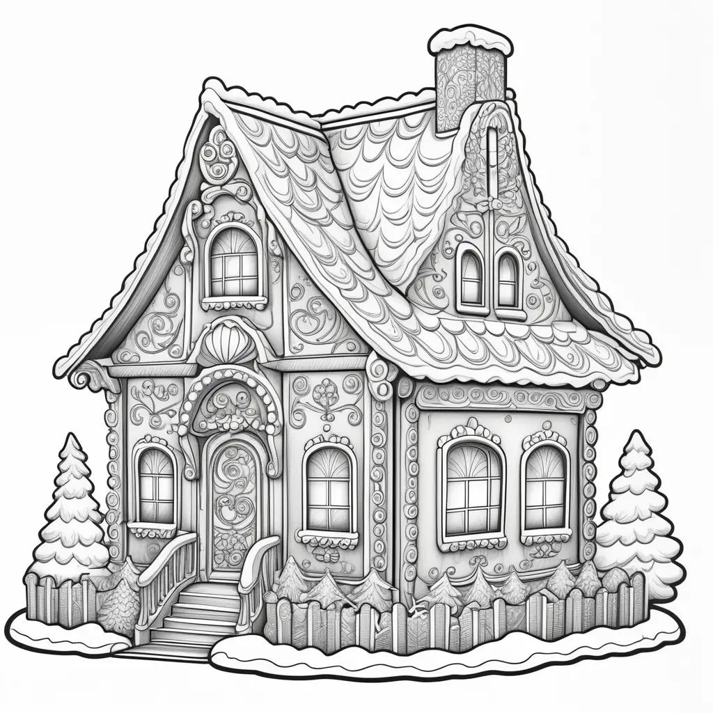 Gingerbread house coloring pages with white lines and trees