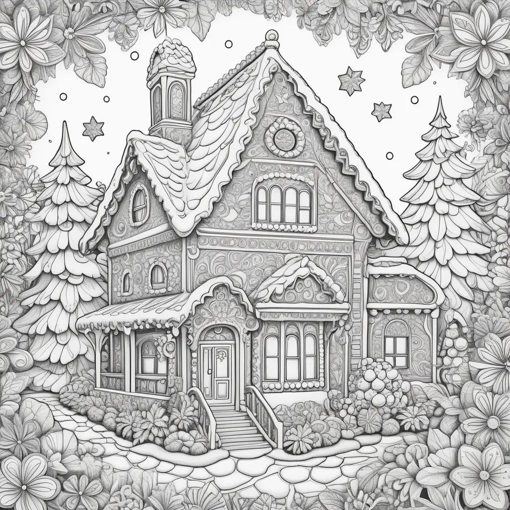 Gingerbread house in coloring pages with Christmas trees