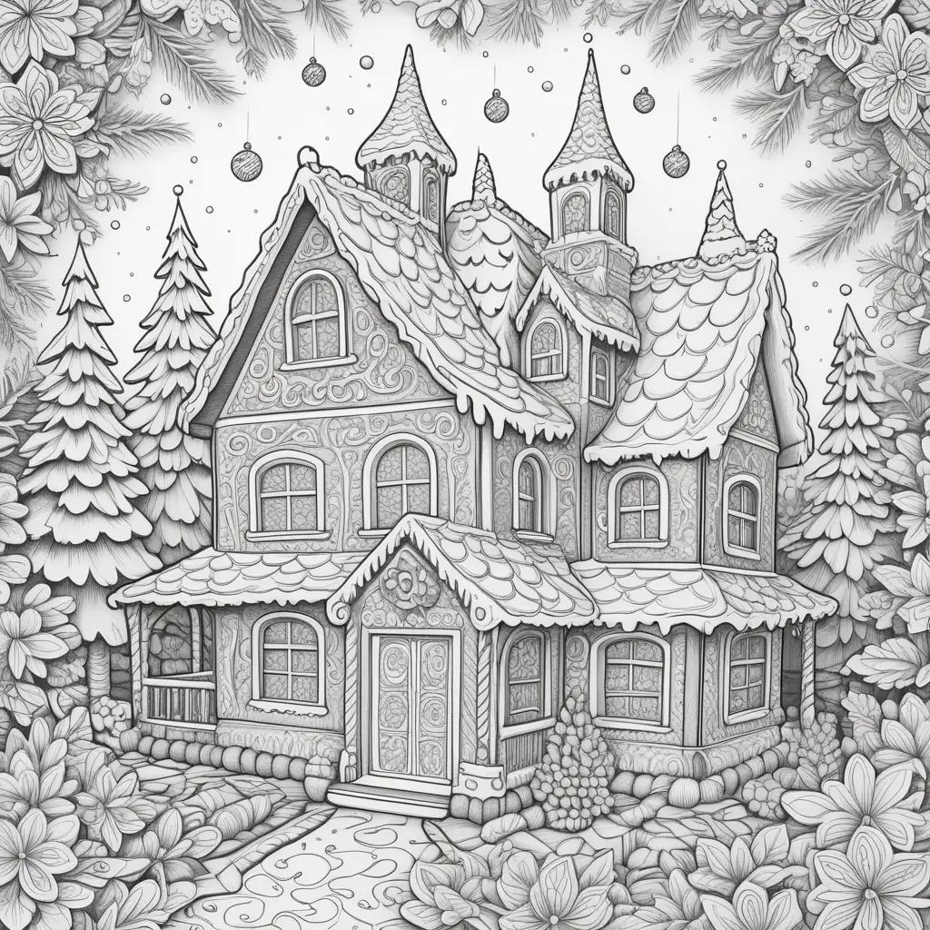 Gingerbread house with gingerbread ornaments on a winter landscape coloring page