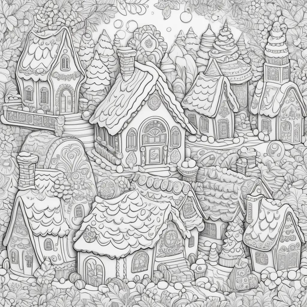 Gingerbread houses and trees on a coloring page