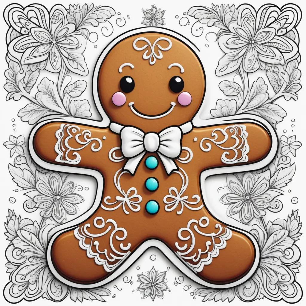 Gingerbread man coloring page with flowers and ornaments