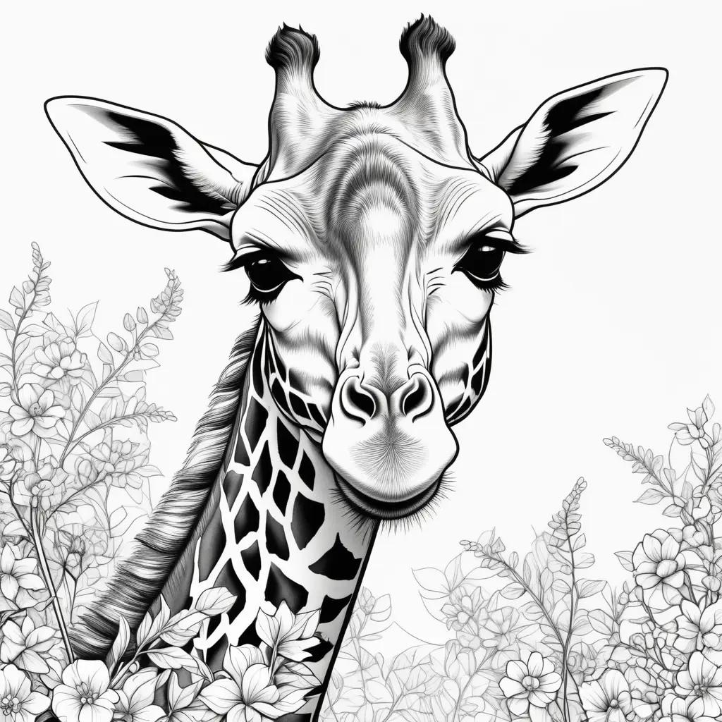 Giraffe Coloring Page with Flowers and Black and White Artwork