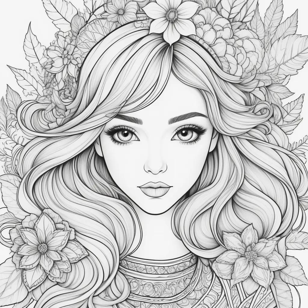 Girl coloring pages featuring a girl with long hair and a flower crown