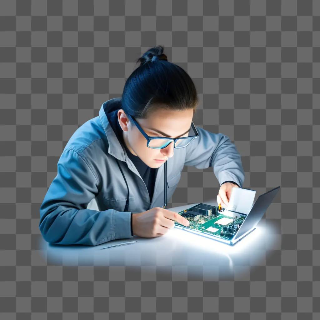 Girl fixing laptop with glowing light