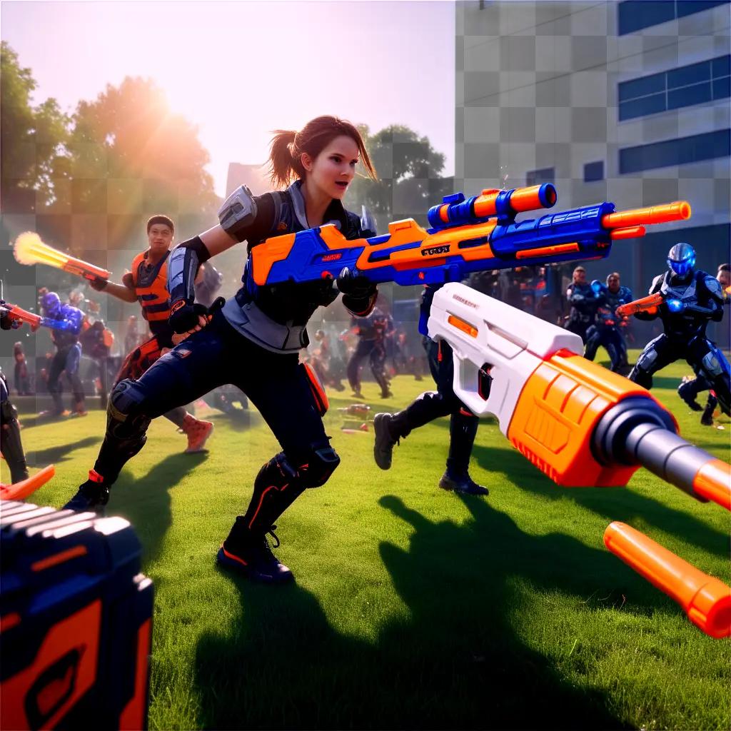 Girl in action with Nerf guns on grassy field