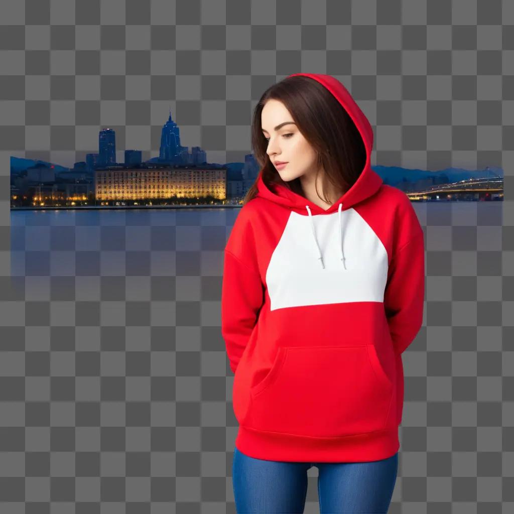 Girl in red hoodie poses against a cityscape