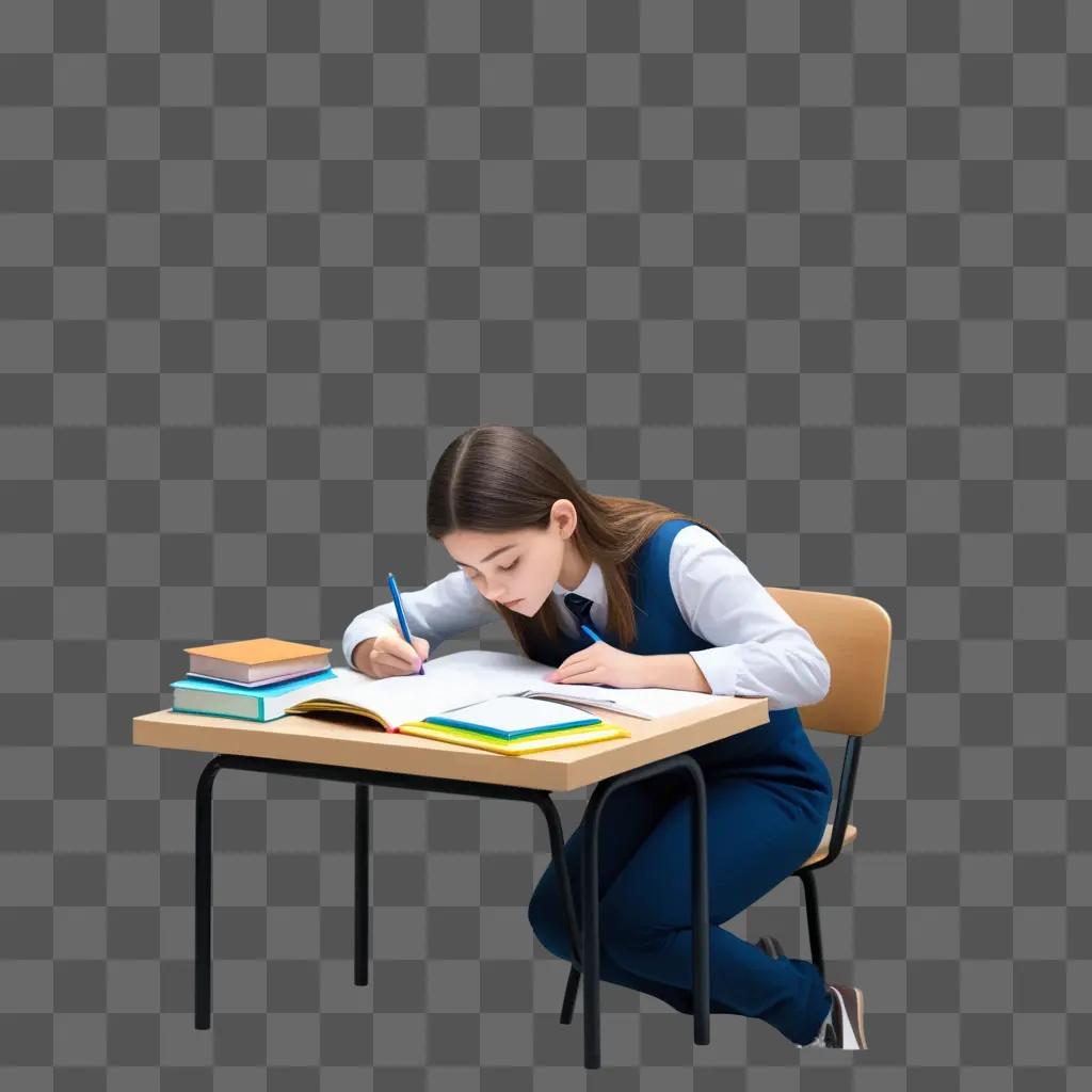 Girl in school uniform studying at desk with books