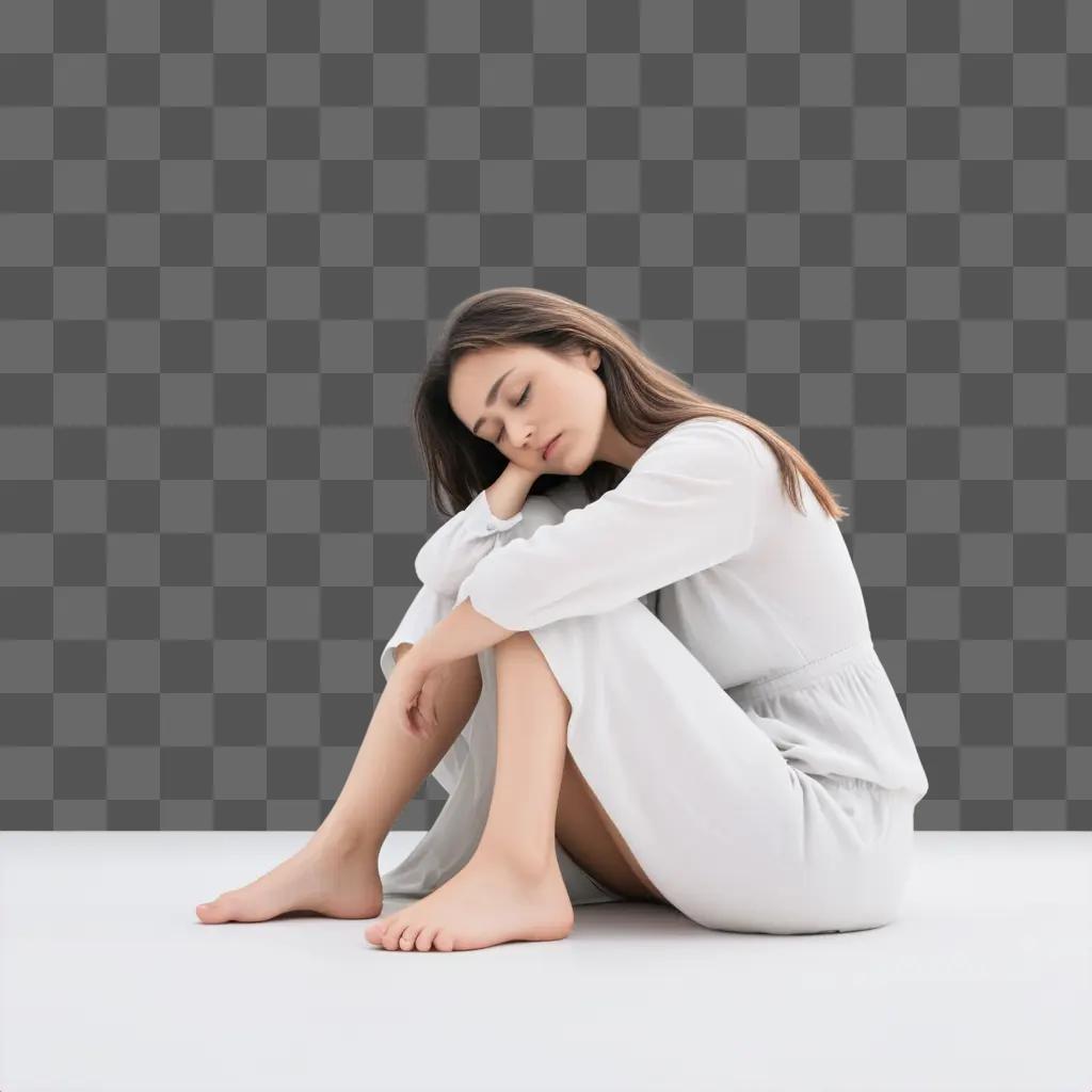 Girl in white dress sitting on floor with sad expression