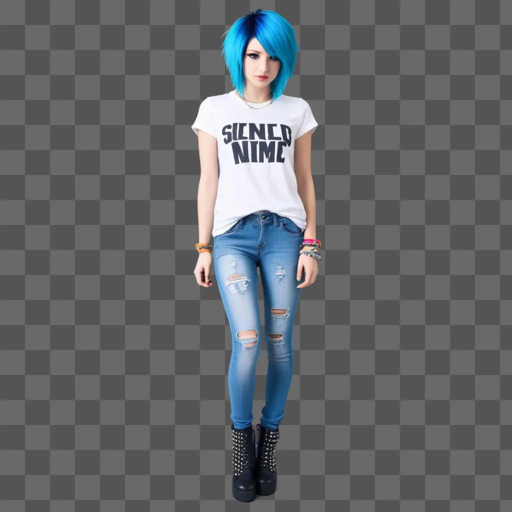 Girl with blue hair in emo clothes