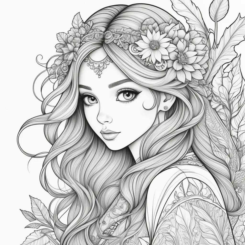 Girl with flower crown in black and white coloring pages