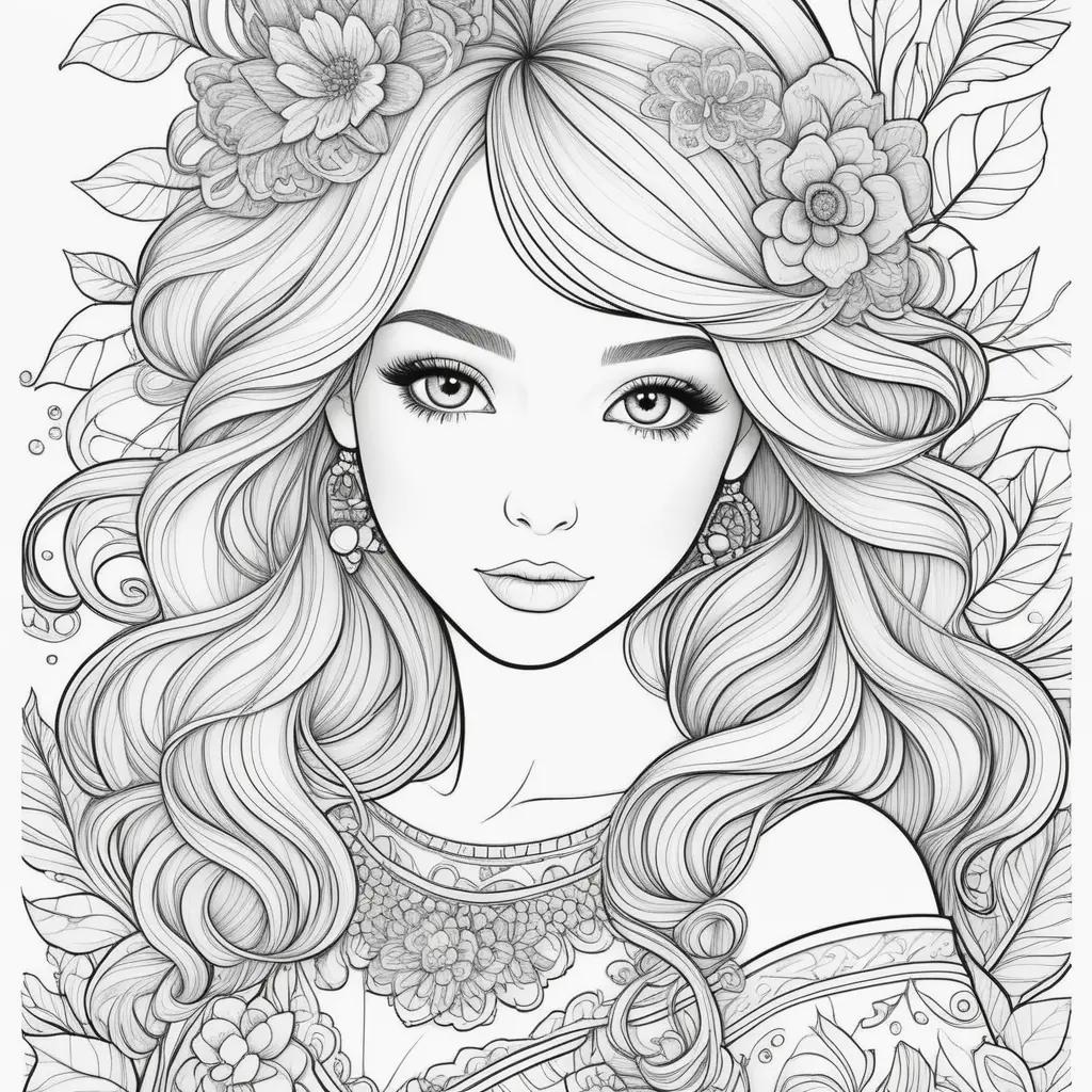 Girl with flowers, earrings and necklace on a coloring page