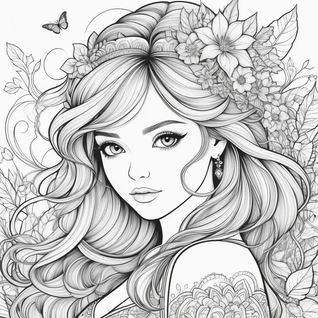 Girl with flowers and butterflies in a coloring book