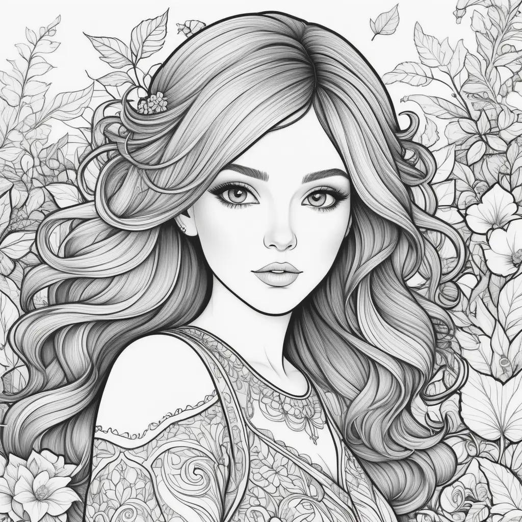 Girls coloring pages with black and white illustrations