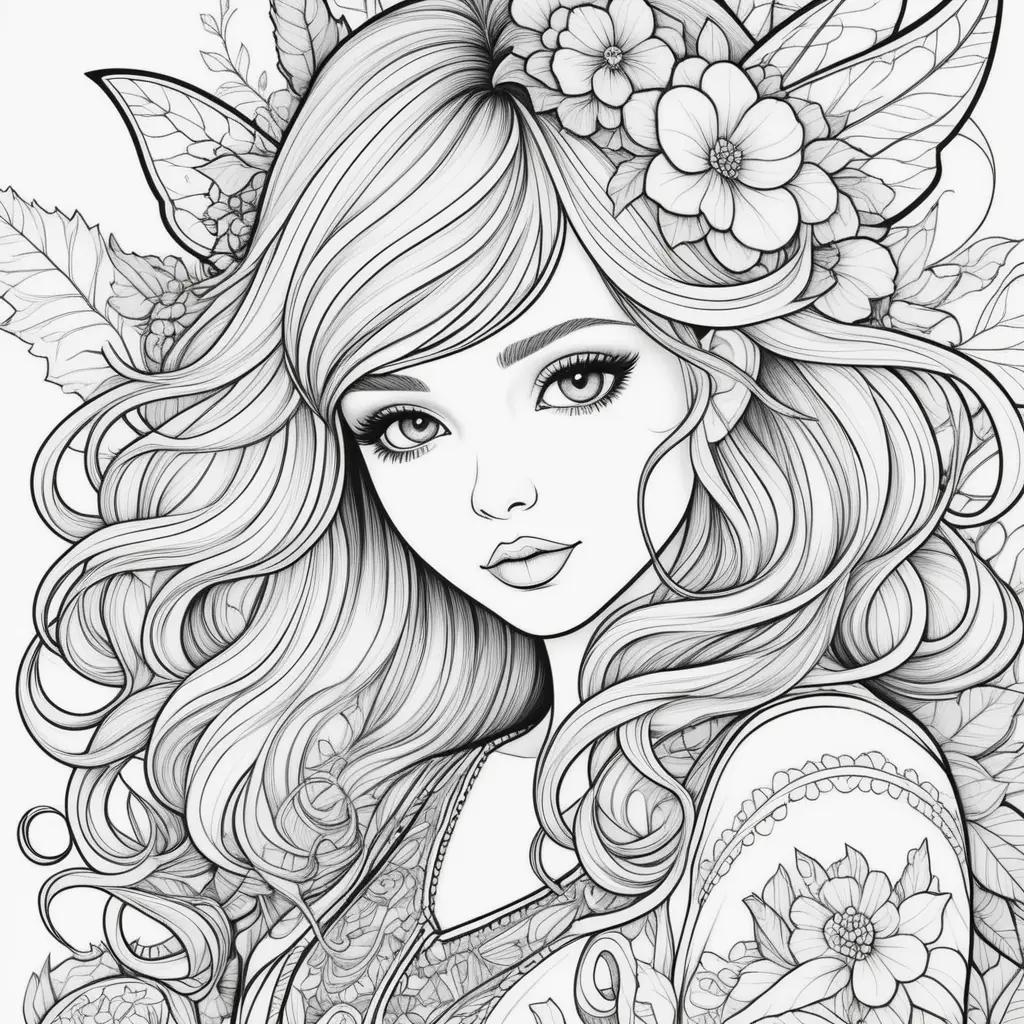 Girls coloring pages with flowers and leaves