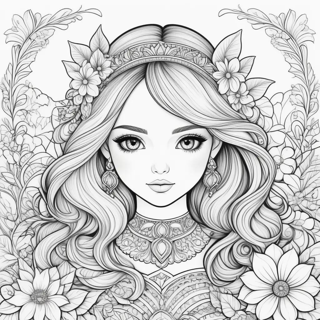 Girly coloring pages featuring a beautiful, drawn woman