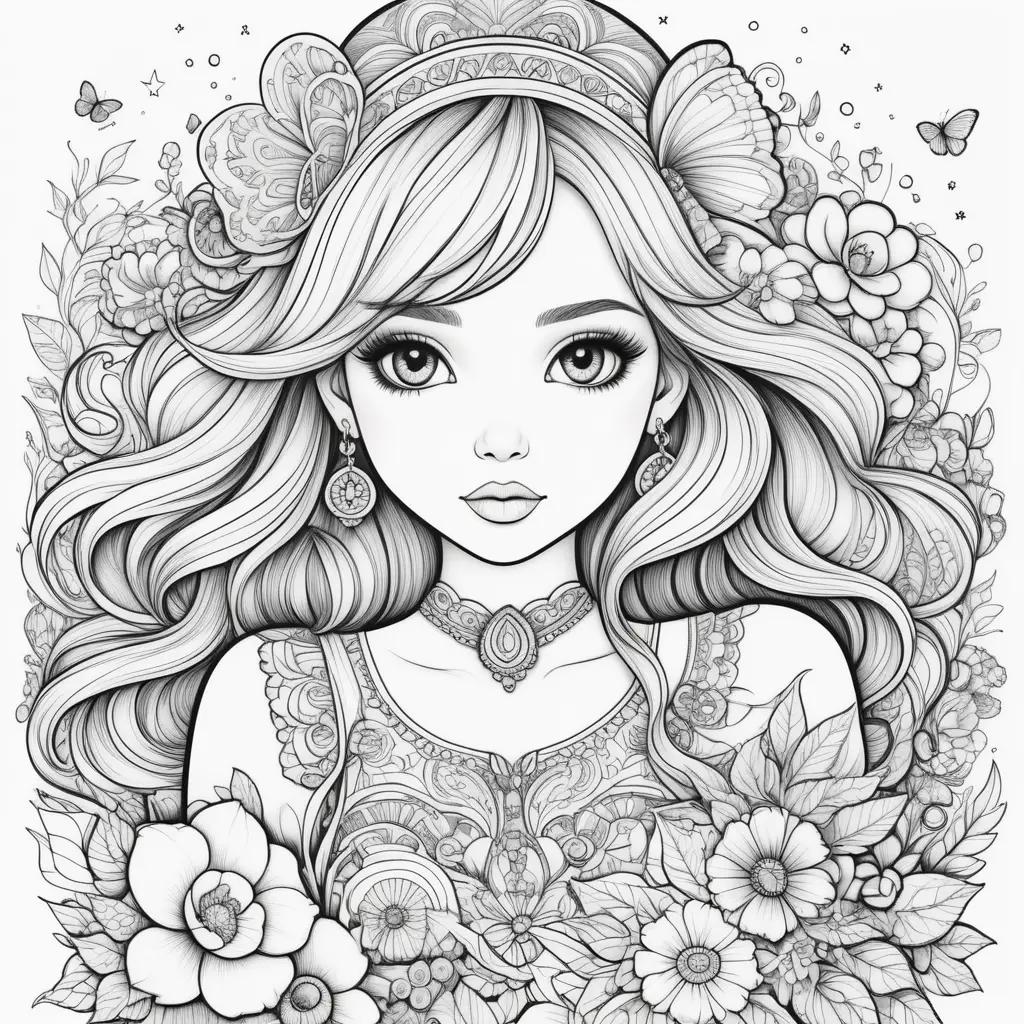 Girly coloring pages featuring a young girl with a crown and flowers